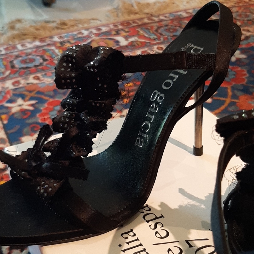 Gorgeous Black satin high heel with crystal ruffle. These are gorgeous!